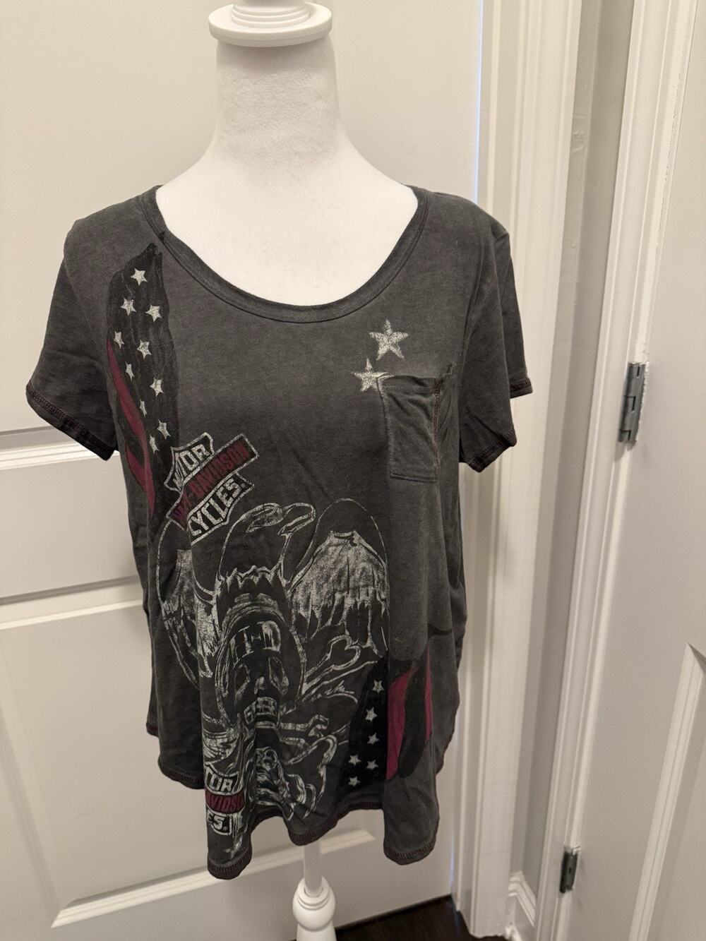 Harley-Davidson Womens L Gray Eagle Flag Graphic Pocket Tee Modal Blend Shirt